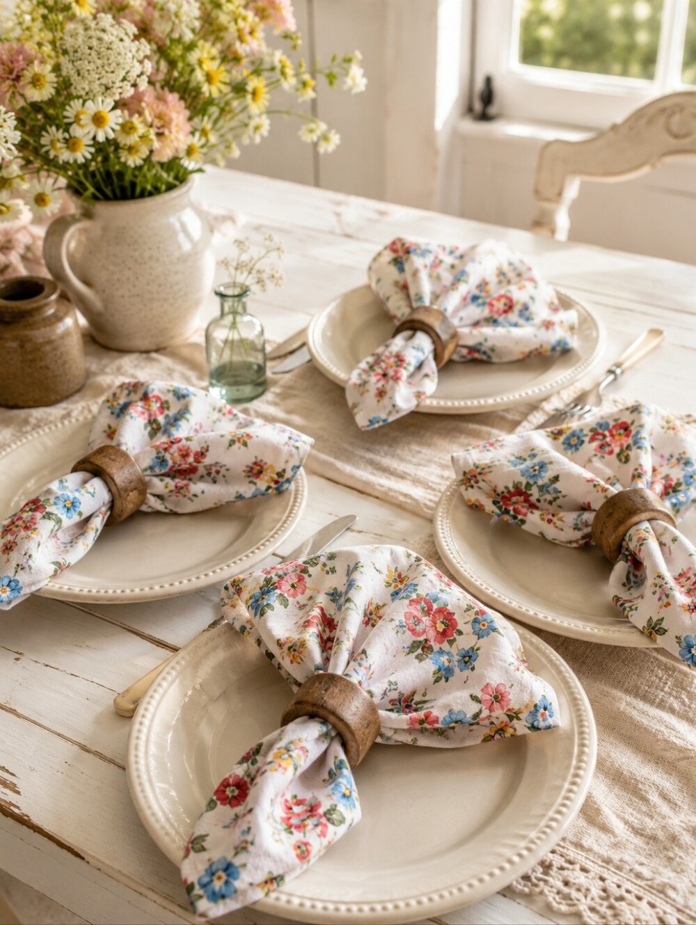 Vintage Floral Cotton Napkins & Wood Napkin Rings Set Cottagecore